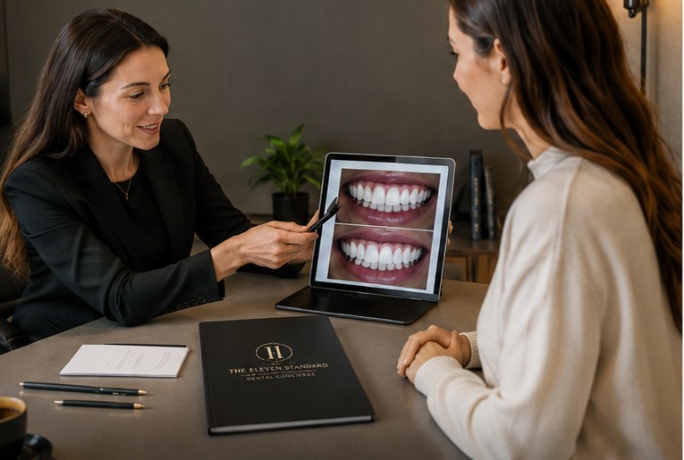 A consultant reviewing smile design results with a patient at The Eleven Standard office